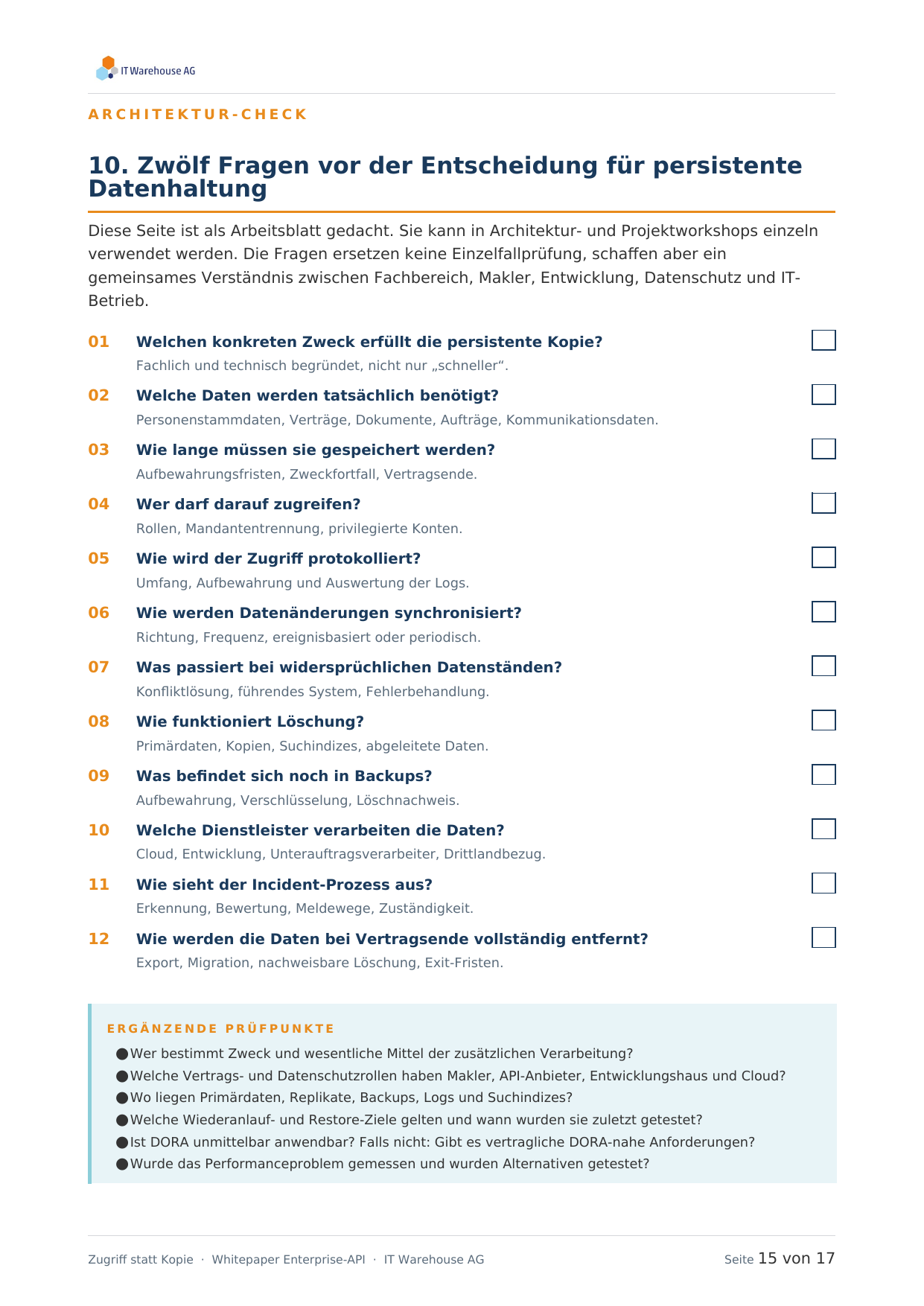 Vorschau des Arbeitsblatts mit den zwölf Fragen vor der Entscheidung für persistente Datenhaltung.