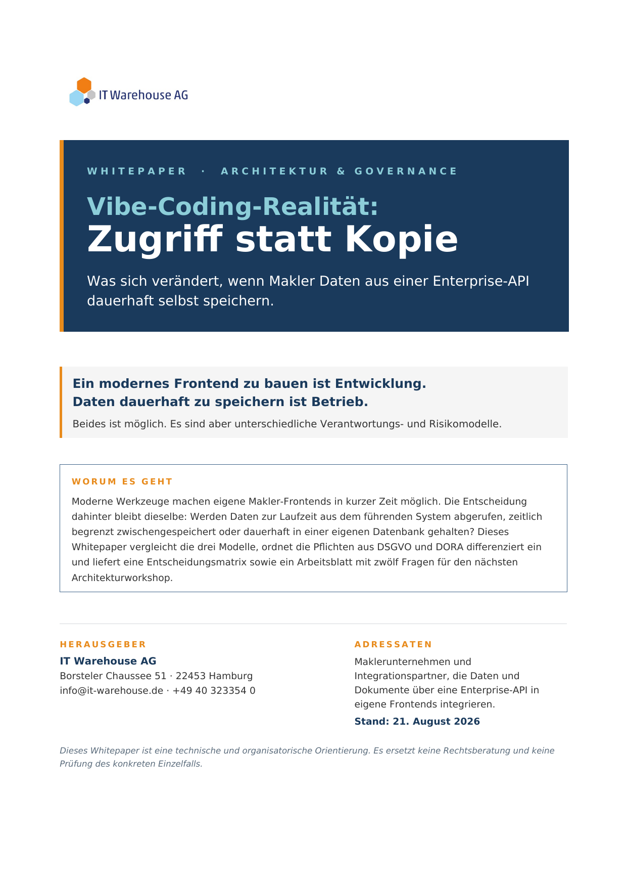 Titelseite des Whitepapers Vibe-Coding-Realität: Zugriff statt Kopie der IT Warehouse AG.